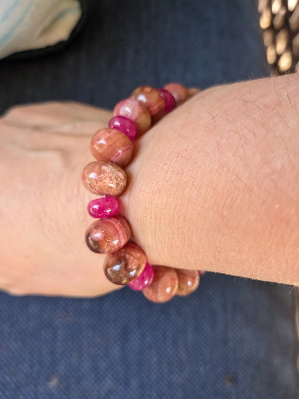 Handmade Rhodochrosite and Pink Jade Beaded Stretch Bracelet
